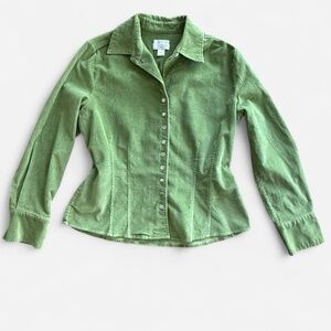 Women's Green Corduroy Button Up Top Pointed Collar